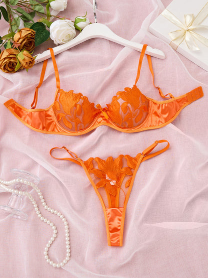 Women's Lace Embroidery Mesh Bra and Panty Set - 3/4 Cup Lingerie Set