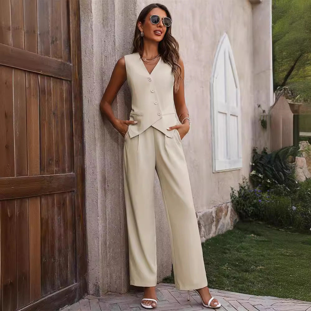 Women's Commuter Suit - Summer Button Sleeveless Top and Straight Trousers Two-Piece Set