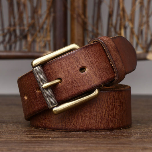 Handmade 4CM Wide First Layer Cowhide Leather Belt - Thickened Genuine Leather with Copper Buckle