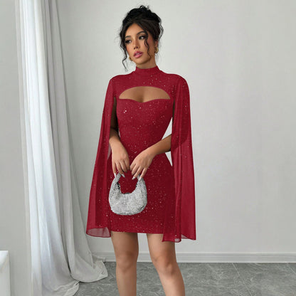 Women's Round-Neck Ribbed Pearl Chiffon Cape Bodycon Dress - Elegant Mini Dress