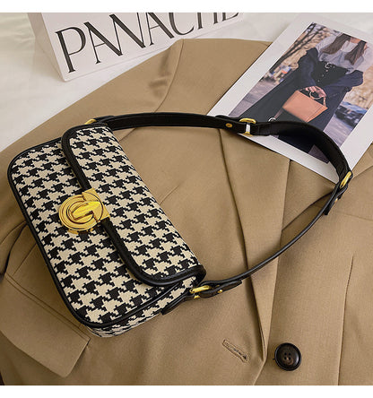 Houndstooth Canvas Baguette Bag - Underarm Shoulder Bag with Adjustable Strap
