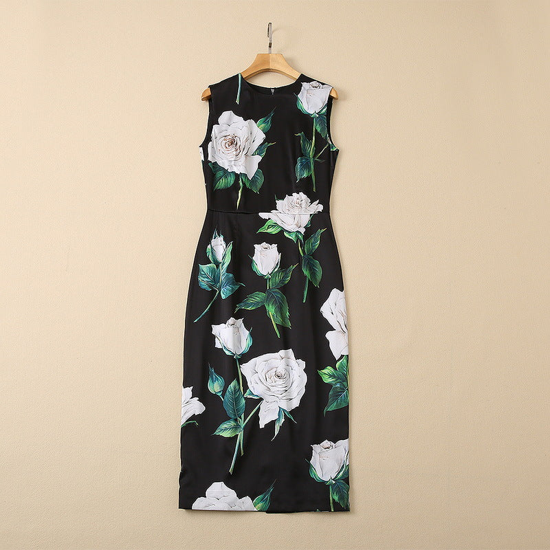 Women's Rose Print Silk Sleeveless Dress - 100% Silkworm Silk Summer Dress with Round Neckline