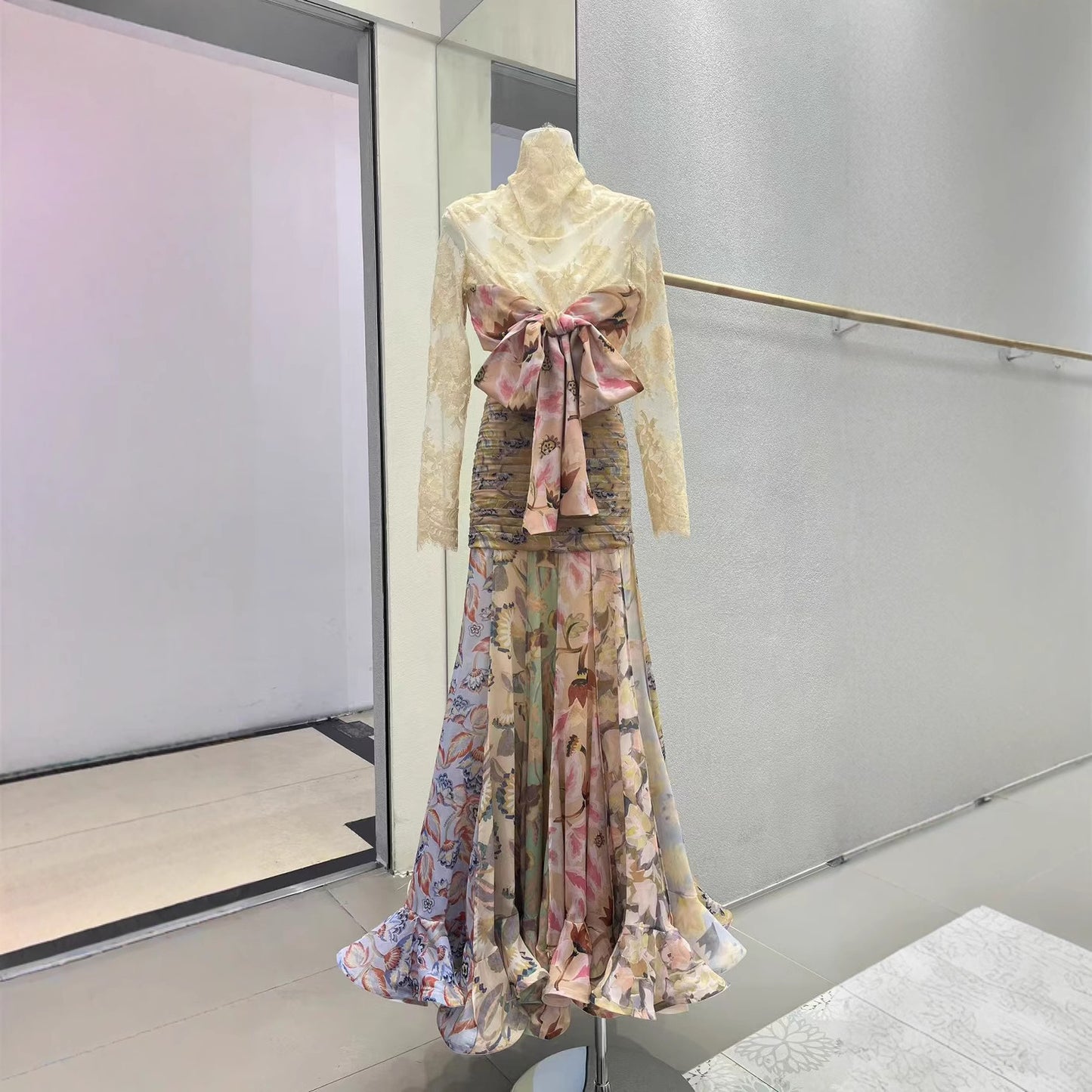 Women's Silk Ribbon Ruffled Long Skirt Dress - Lace-Up Style with Low Waist
