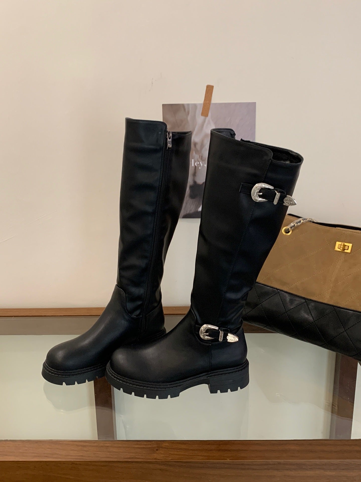 Women's High-Top Ankle Boots with Belt Buckle & Side Zipper
