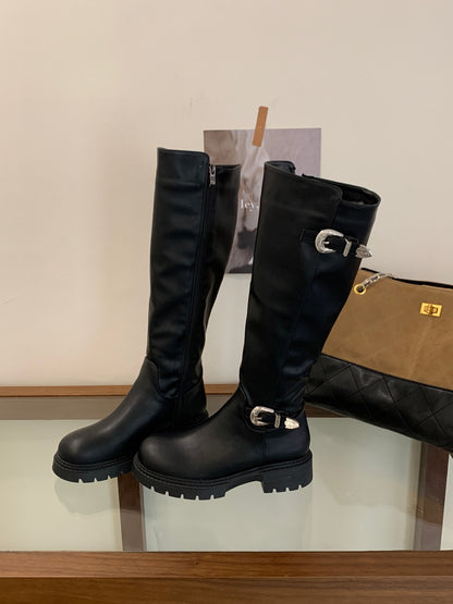 Women's High-Top Ankle Boots with Belt Buckle & Side Zipper