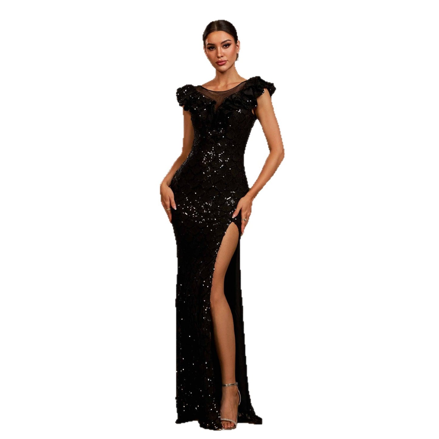 Black Sequin Sleeveless Slim-Fit Slit Evening Gown | High Waist Maxi Dress