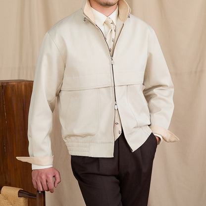 Men's Stand Collar Jacket - Color Block Slim Fit Coat
