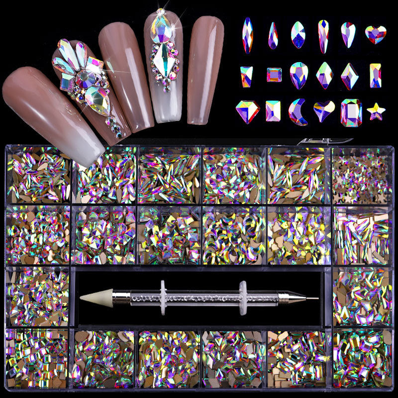 21-Grid Nail Rhinestone Decoration Set - Flat Glass Acrylic Nail Art Jewelry