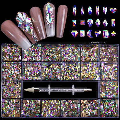 21-Grid Nail Rhinestone Decoration Set - Flat Glass Acrylic Nail Art Jewelry