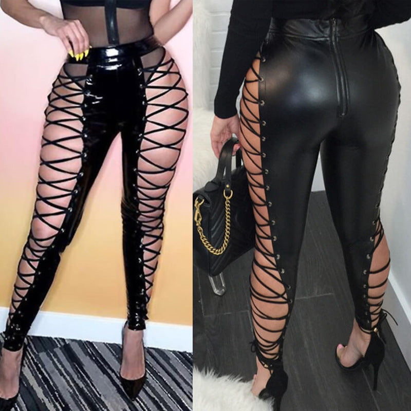 Mid-Waist Cross Strap Faux Leather Trousers - Slim Fit Pants