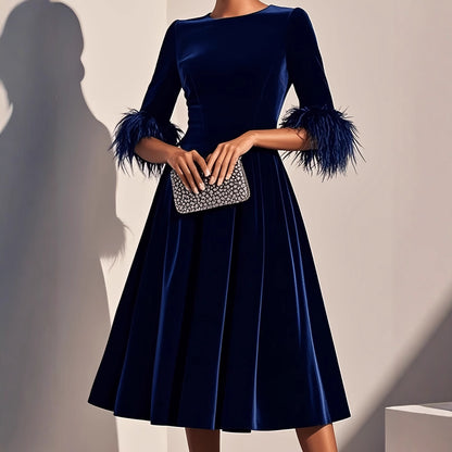 Women's Elegant Round-Neck Velvet Dress - Mid-Length Three-Quarter Sleeve