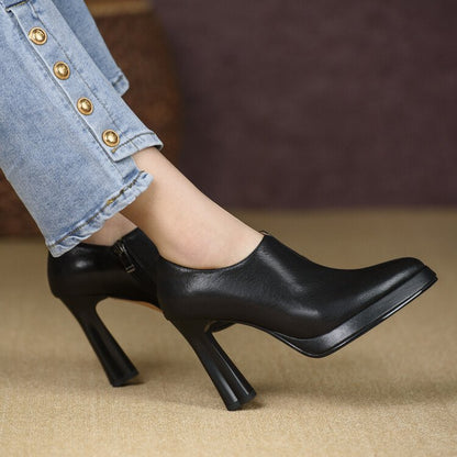 Vintage Chunky Heel Pointed Toe Pumps - Women's High Heel Shoes with Zipper
