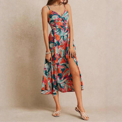 Women's Tropical Print High-Waist Maxi Dress - Long Sleeve A-Line Dress