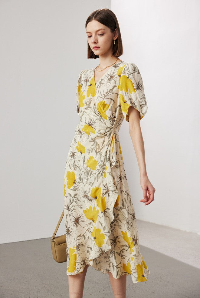 Silk Dress with Lace Print - Short Sleeve A-line