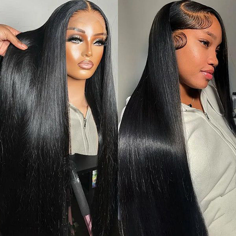 13x4 Straight Lace Front Human Hair Wig - Hand-Woven with Center Part Bangs