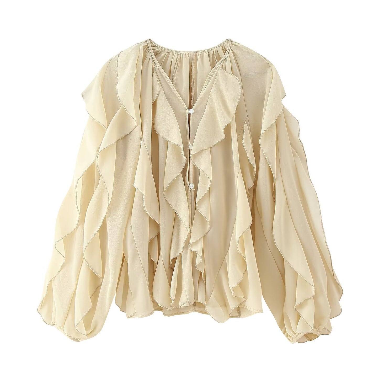 Women's Western-Style V-Neck Layered-Design Blouse - Elegant Long Sleeve Top