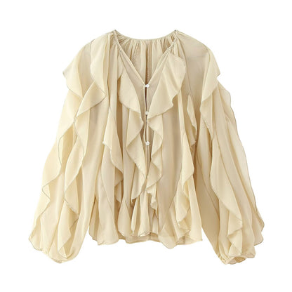 Women's Western-Style V-Neck Layered-Design Blouse - Elegant Long Sleeve Top