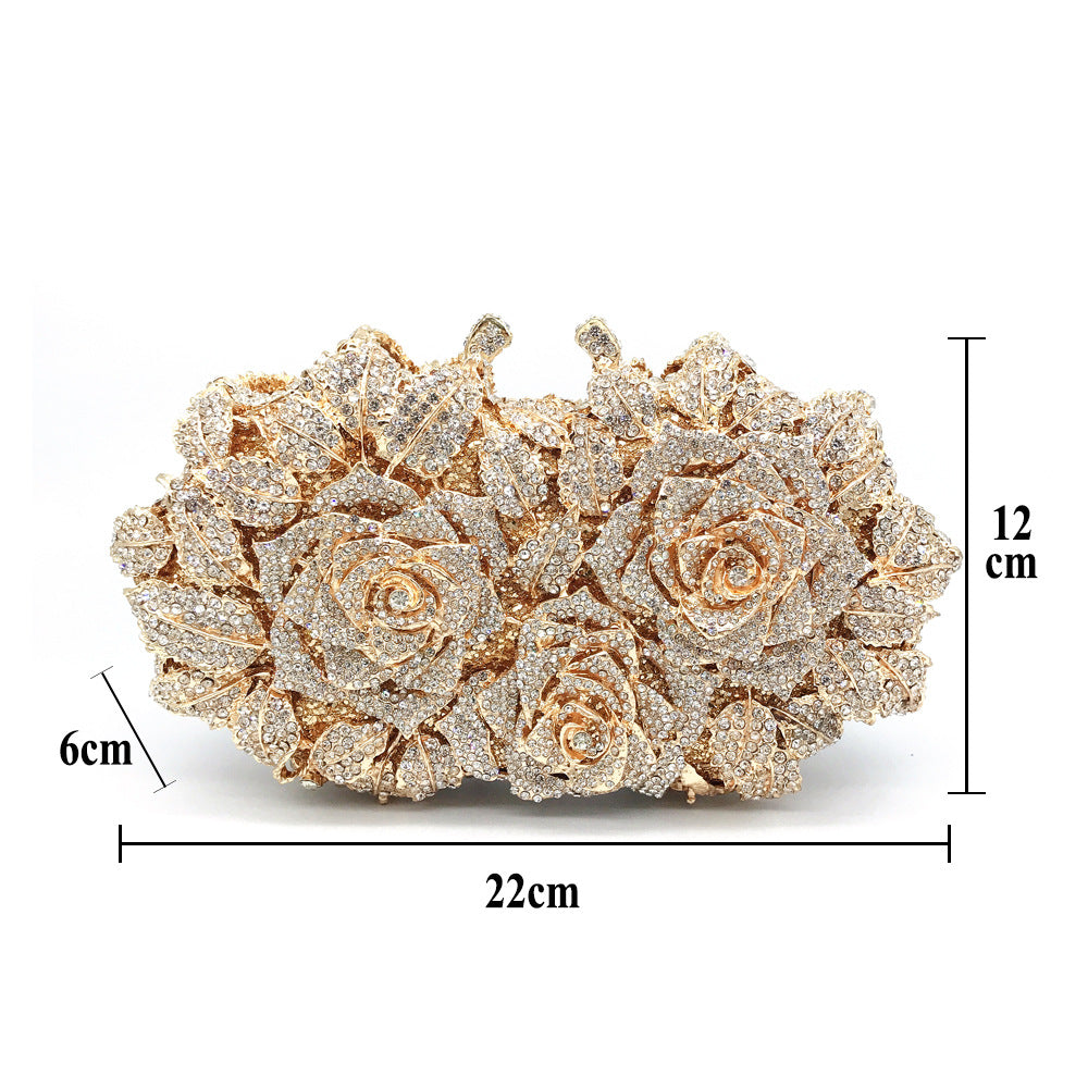 Rose Design Evening Clutch - Crystal Embellished Metal Frame Bag