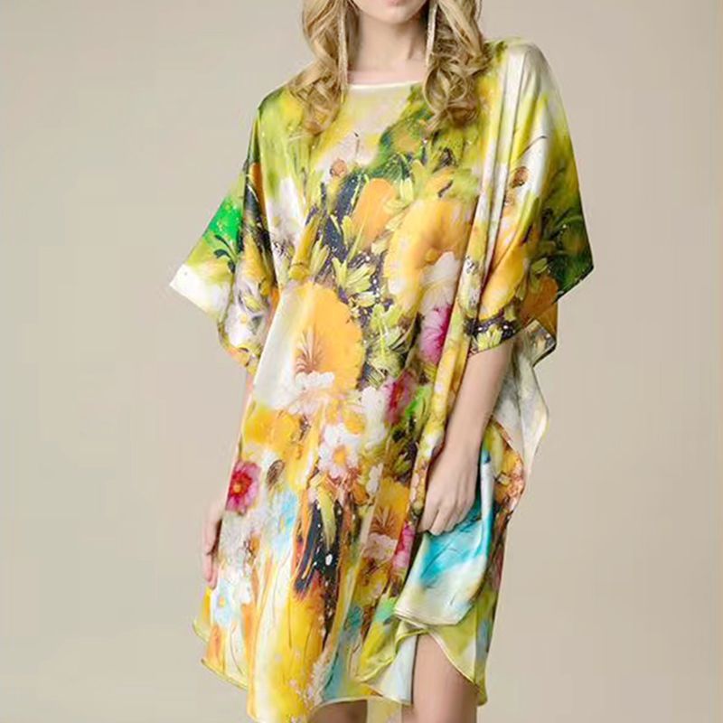 Women's Luxe Silk Bat Sleeve Nightdress - 100% Mulberry Silk Loose Fit Pajama Dress with Inkjet Prints