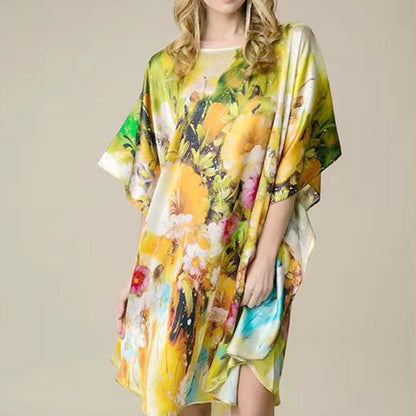 Women's Luxe Silk Bat Sleeve Nightdress - 100% Mulberry Silk Loose Fit Pajama Dress with Inkjet Prints