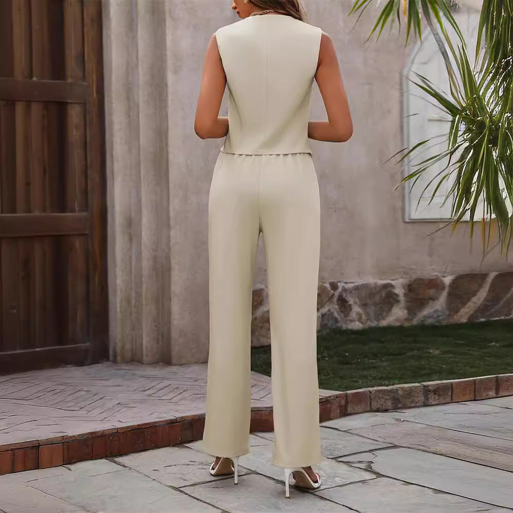Women's Commuter Suit - Summer Button Sleeveless Top and Straight Trousers Two-Piece Set
