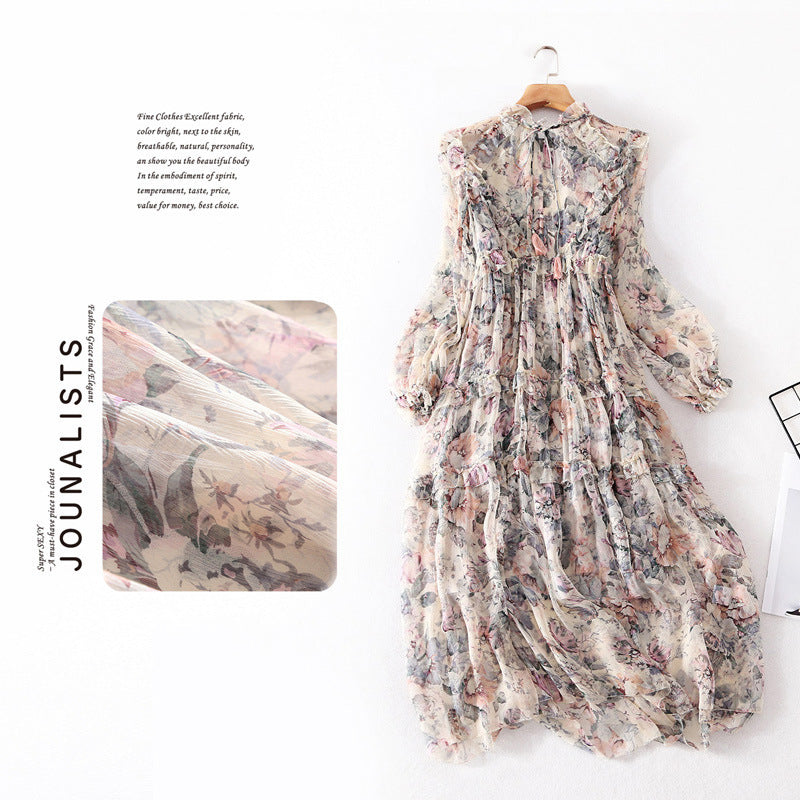 Women's Printed Silk Dress - French Retro Long Sleeve Midi Dress