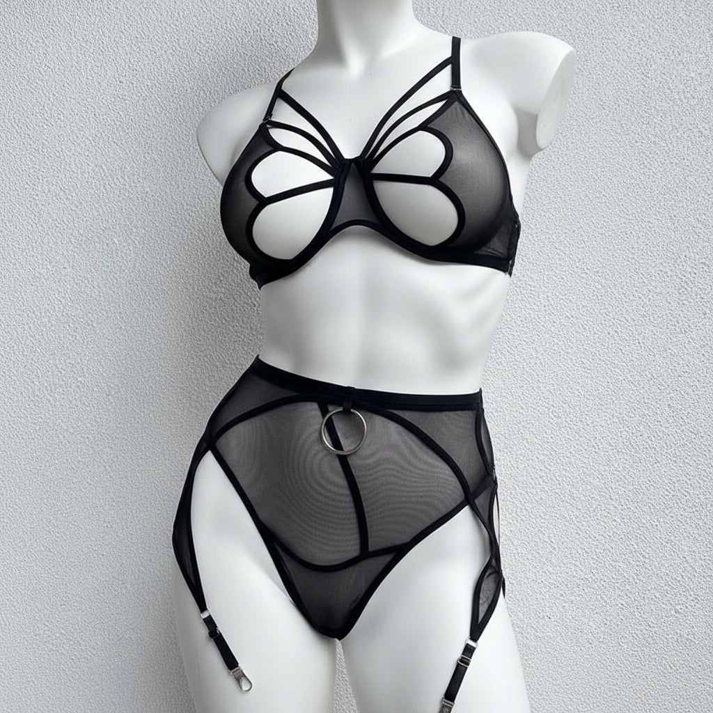 Women's Four-Piece Mesh Lingerie Set - Delicate Cutout Design with Garter