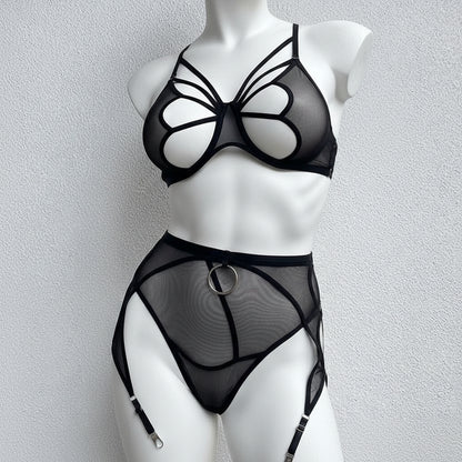Women's Four-Piece Mesh Lingerie Set - Delicate Cutout Design with Garter