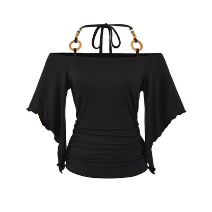 Women's Halter Neck Batwing Sleeve Top - Retro Beaded Style