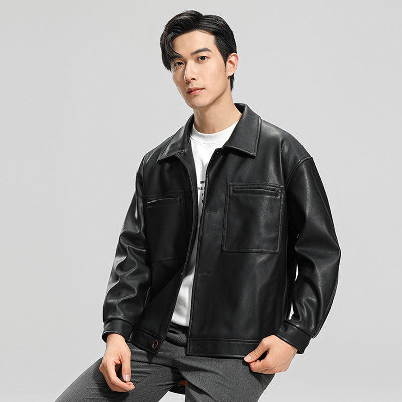 Men's Motorcycle Leather Jacket - Classic Lapel Zip-Up Outerwear