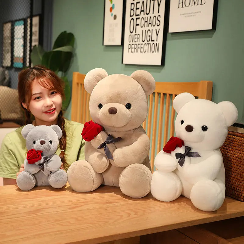 Rose Teddy Bear Plush Toy - Soft Stuffed Animal Pillow Gift