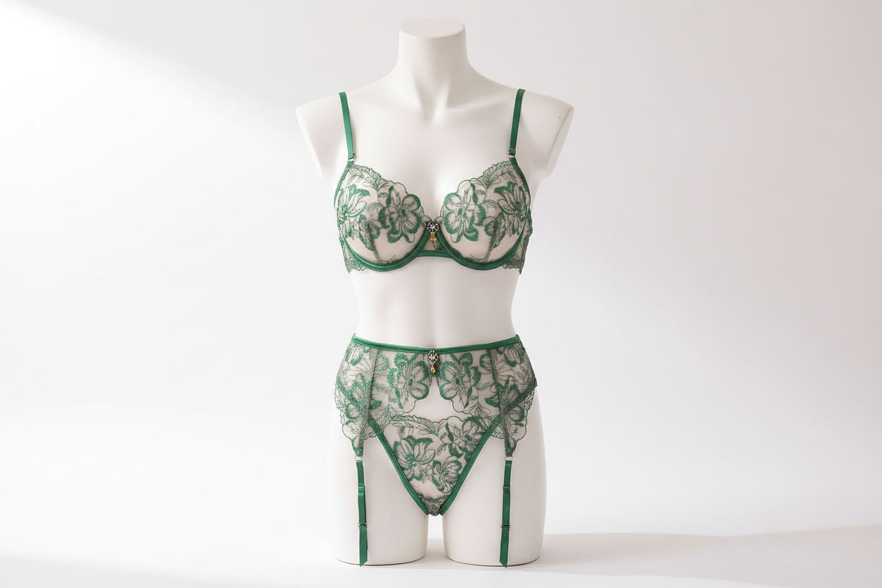 Women's Floral Embroidery Bra and Panty Set - Gemstone Embellished Push-Up Lingerie