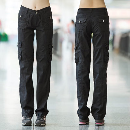 Loose Multi-Pocket Cargo Pants - Women's Straight Leg Cotton Trousers
