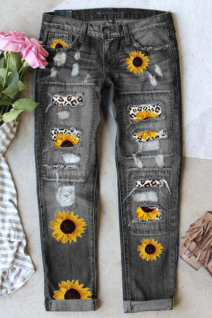 Mid-Rise Ripped Printed Jeans - Women's High Waist Pencil Leg Denim