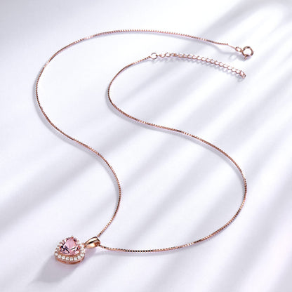 925 Sterling Silver Heart Pendant Necklace - Rose Morganite Charm Necklace for Women