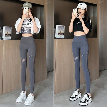 Women's Shark Pattern Cropped Activewear Pants - High Waist Mesh Pocket Leggings