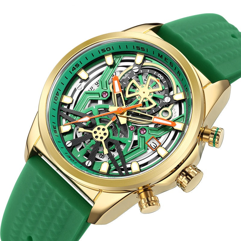 Men's Mechanical-Style Quartz Watch | Silicone Strap, Alloy Case & 30M Water Resistance