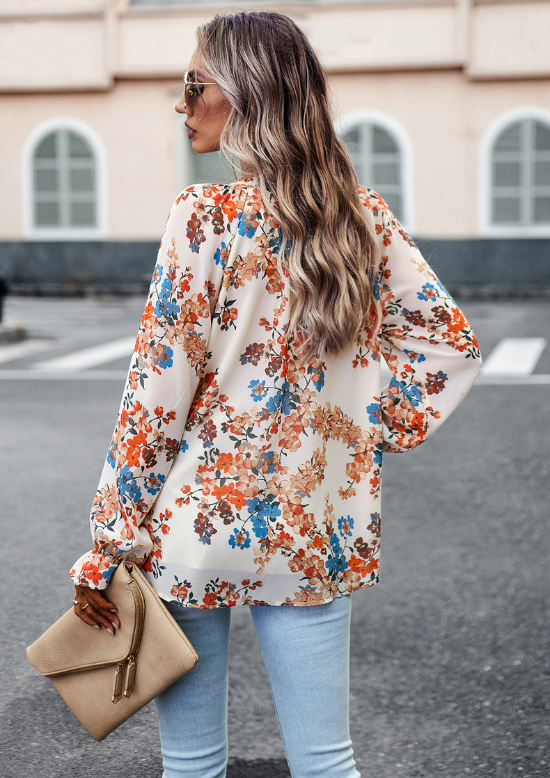 Women's Floral Print V-Neck Chiffon Blouse - Long Sleeve Casual Top