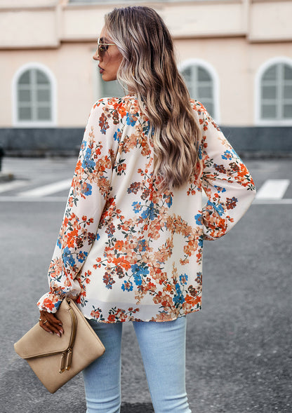 Women's Floral Print V-Neck Chiffon Blouse - Long Sleeve Casual Top