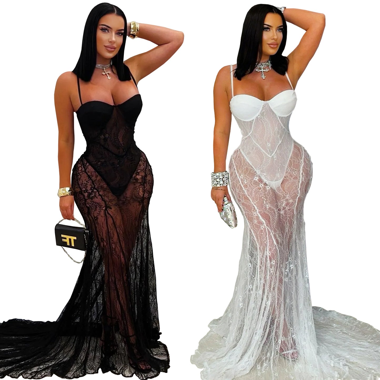 Women's Lace Sling Dress - Elegant Sleeveless Fishtail Skirt with See-Through Detail