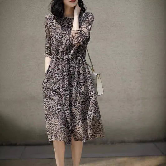 Women's Autumn Botanical Print Silk Dress - 100% Silk with Paisley Pattern and Round Neckline