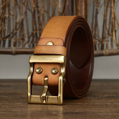 Men's Retro Washed Matte Top-Grain Leather Belt - Brass Buckle with Vegetable Tanning