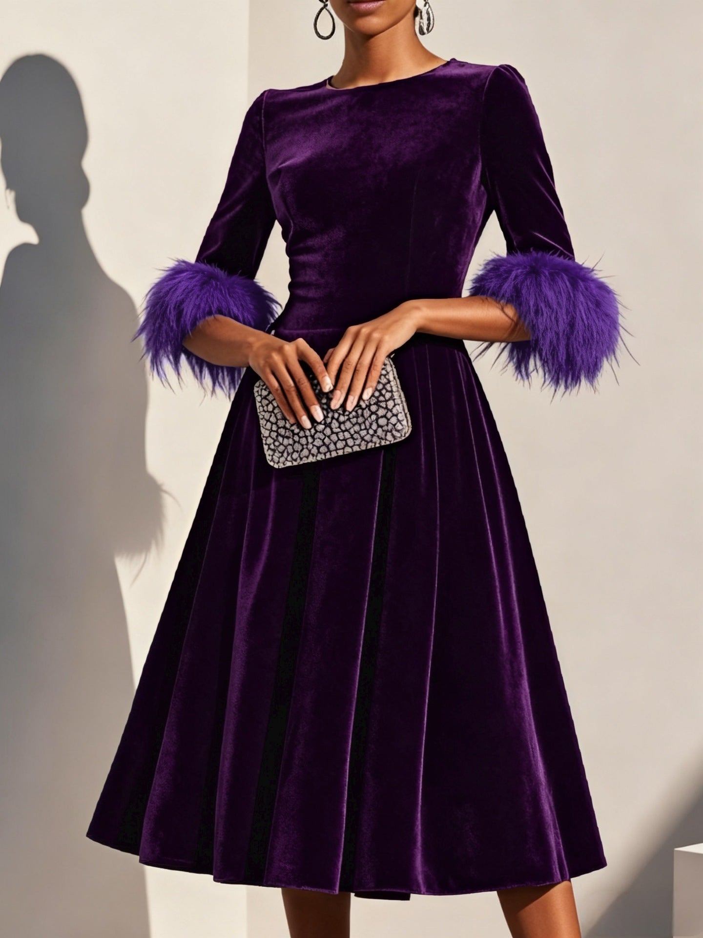 Women's Elegant Round-Neck Velvet Dress - Mid-Length Three-Quarter Sleeve