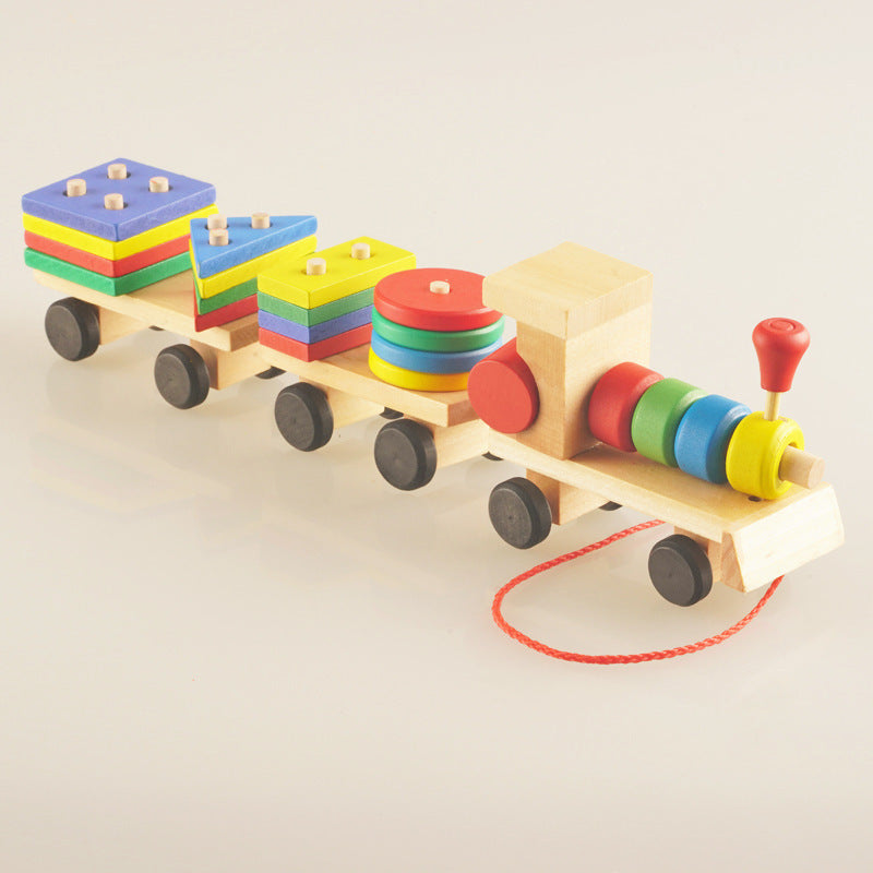 Wooden Train Toy Set with Shape Blocks - Educational Puzzle for Kids