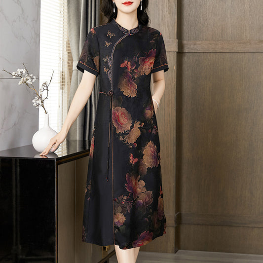 Women's Xiang Yun Satin Improved Cheongsam Dress - Art Retro Style with Floral Pattern