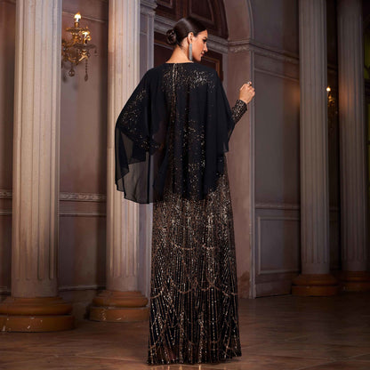 Black & Gold Sequin Long Sleeve A-Line Evening Dress | Shawl Collar Banquet Gown