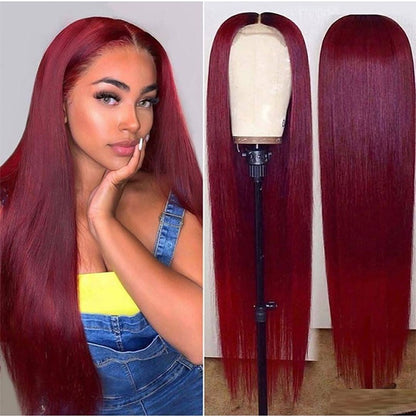 Full Headgear Long Straight Front Lace Wig - Real Human Hair Smooth Wine Red