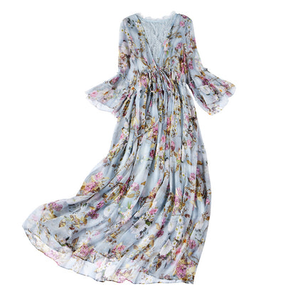 Premium Mulberry Silk Midi Dress - Lace V-Neck with Lotus Leaf Sleeves