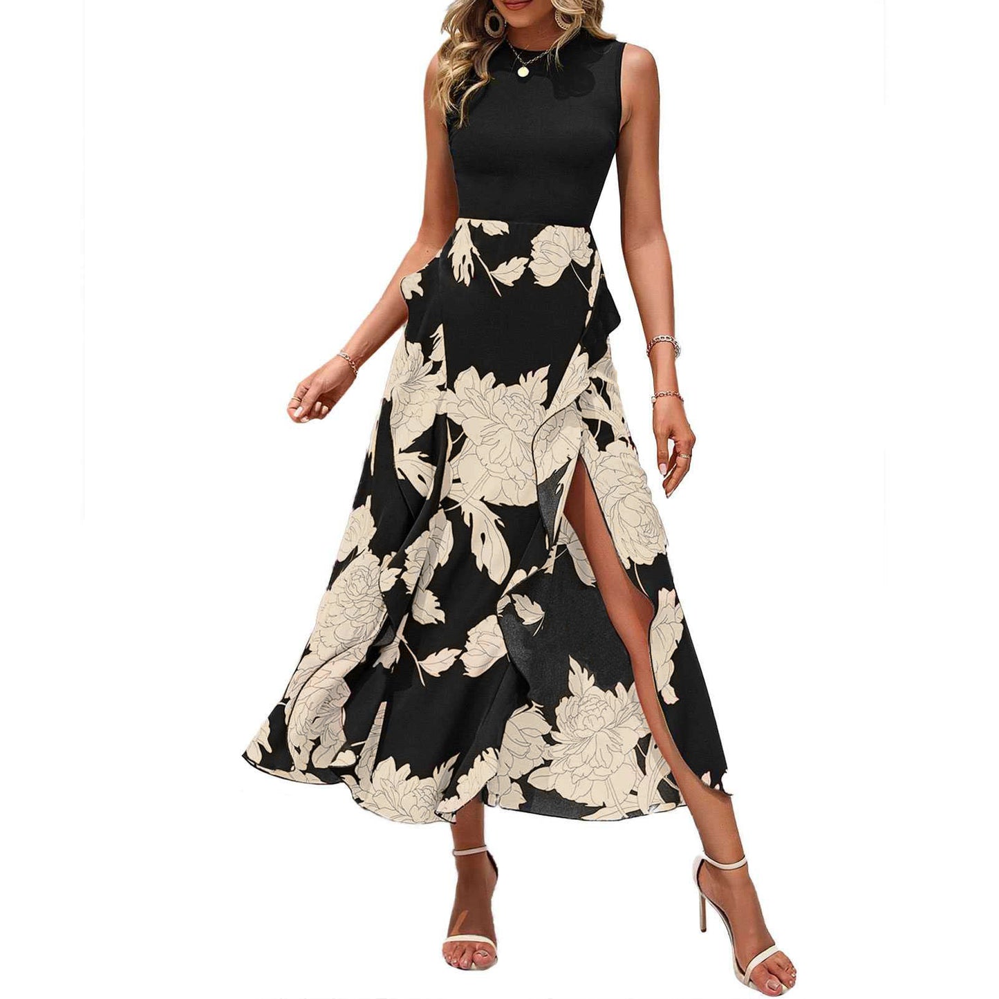 Women's Floral Crew-Neck Ruffled Sleeveless Dress - Elegant Summer Dress