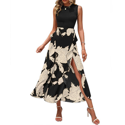 Women's Floral Crew-Neck Ruffled Sleeveless Dress - Elegant Summer Dress